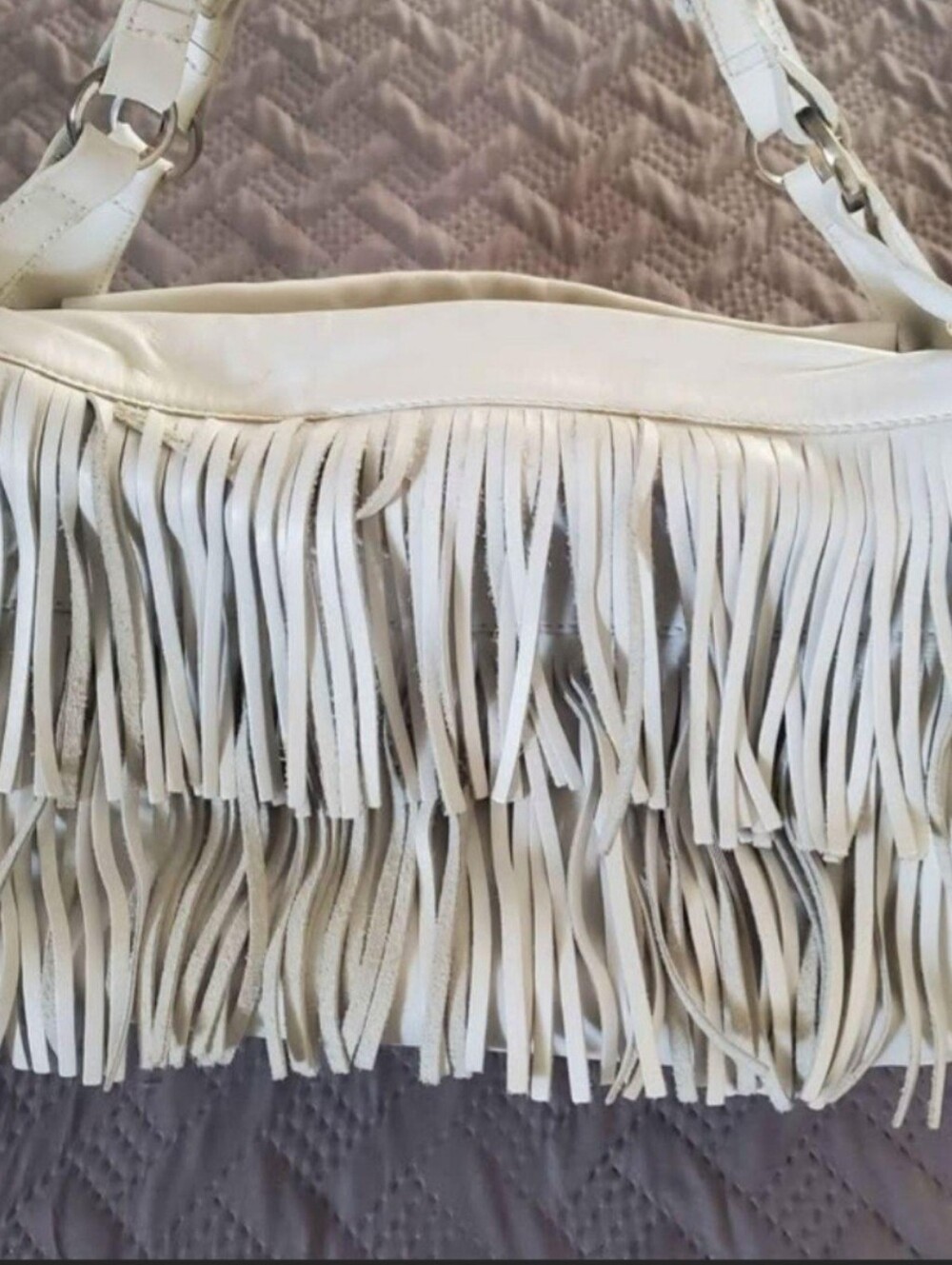 Hogan White Fringed Hobo Leather Shoulder Bag with Dual Straps